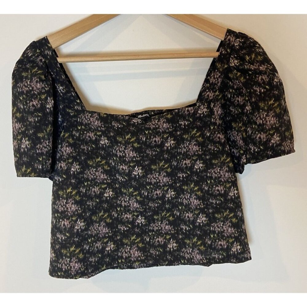 Madewell Hopewell Puff Sleeve Crop Shirt Elastic Back Black Purple Green Medium